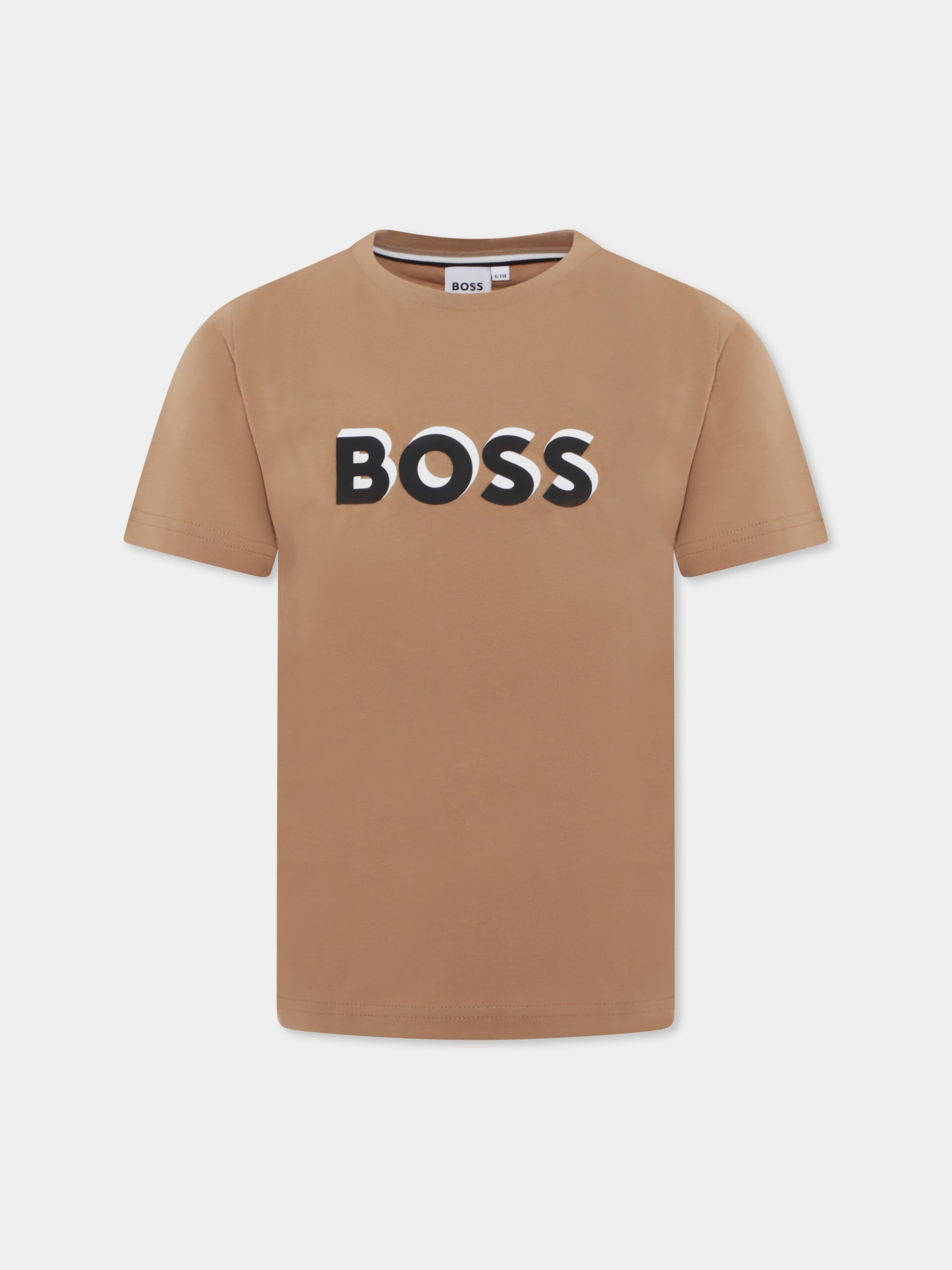 T-shirt marrone per bambino con logo,Boss,J50723 269