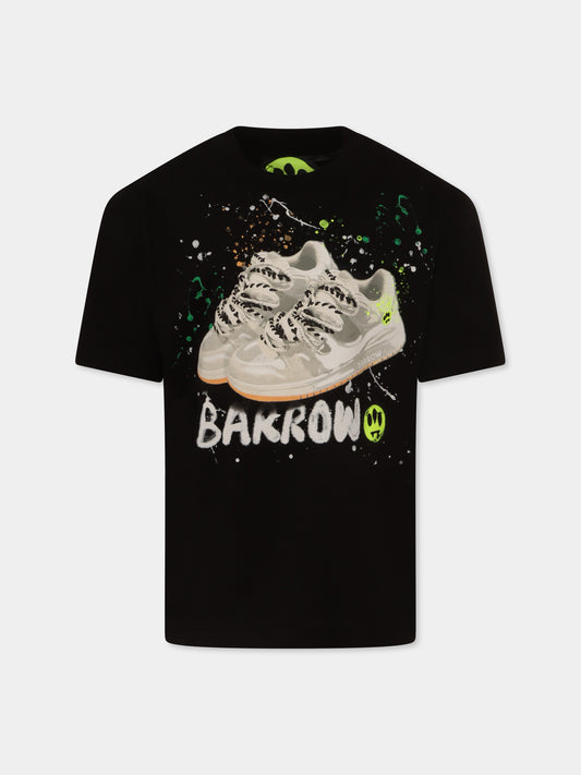 T-shirt nera per bambini con stampa sneakers e logo,Barrow,S5BKJUTH201 110