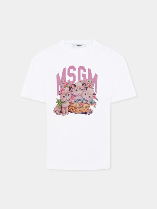 T-shirt bianca per bambina con stampa gatti e  logo,Msgm Kids,S5MSJGTH109 001