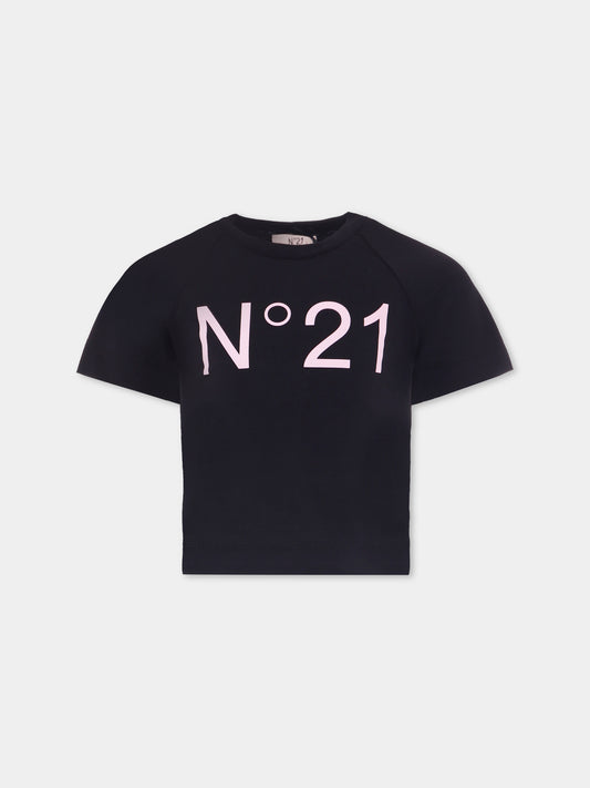 T-shirt crop nera per bambina con logo,N°21 Kids,N21978 N0153 0N900