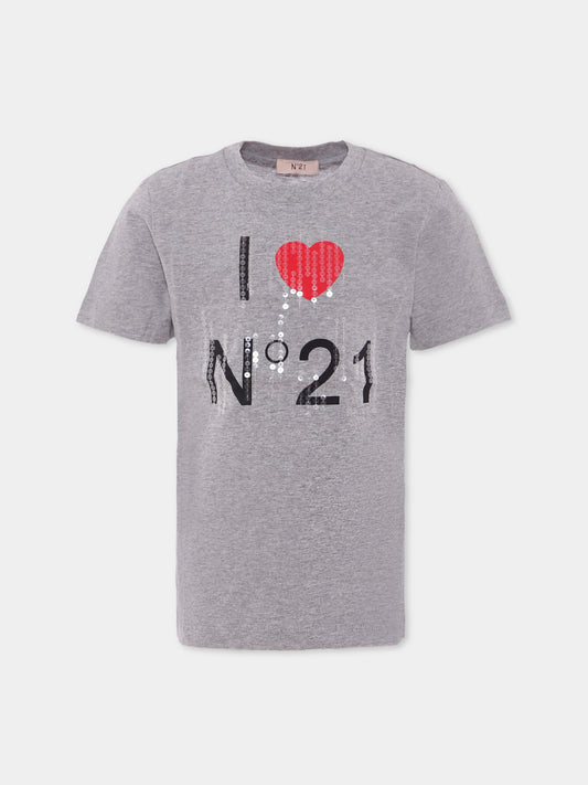 T-shirt grigia per bambina con logo e cuore,N°21 Kids,N21985 N0379 0N923