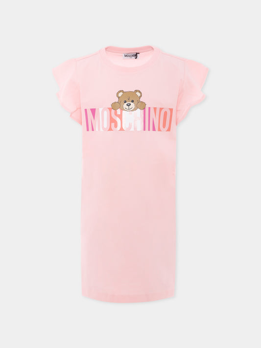 Vestito rosa per bambina con Teddy Bear e logo,Moschino Kids,HDV0G8 LBA00 50209