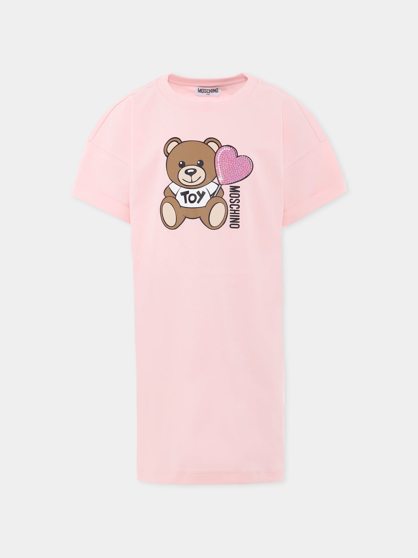 Vestito rosa per bambina con Teddy Bear e cuore,Moschino Kids,HDV0G9 LAA40 50209