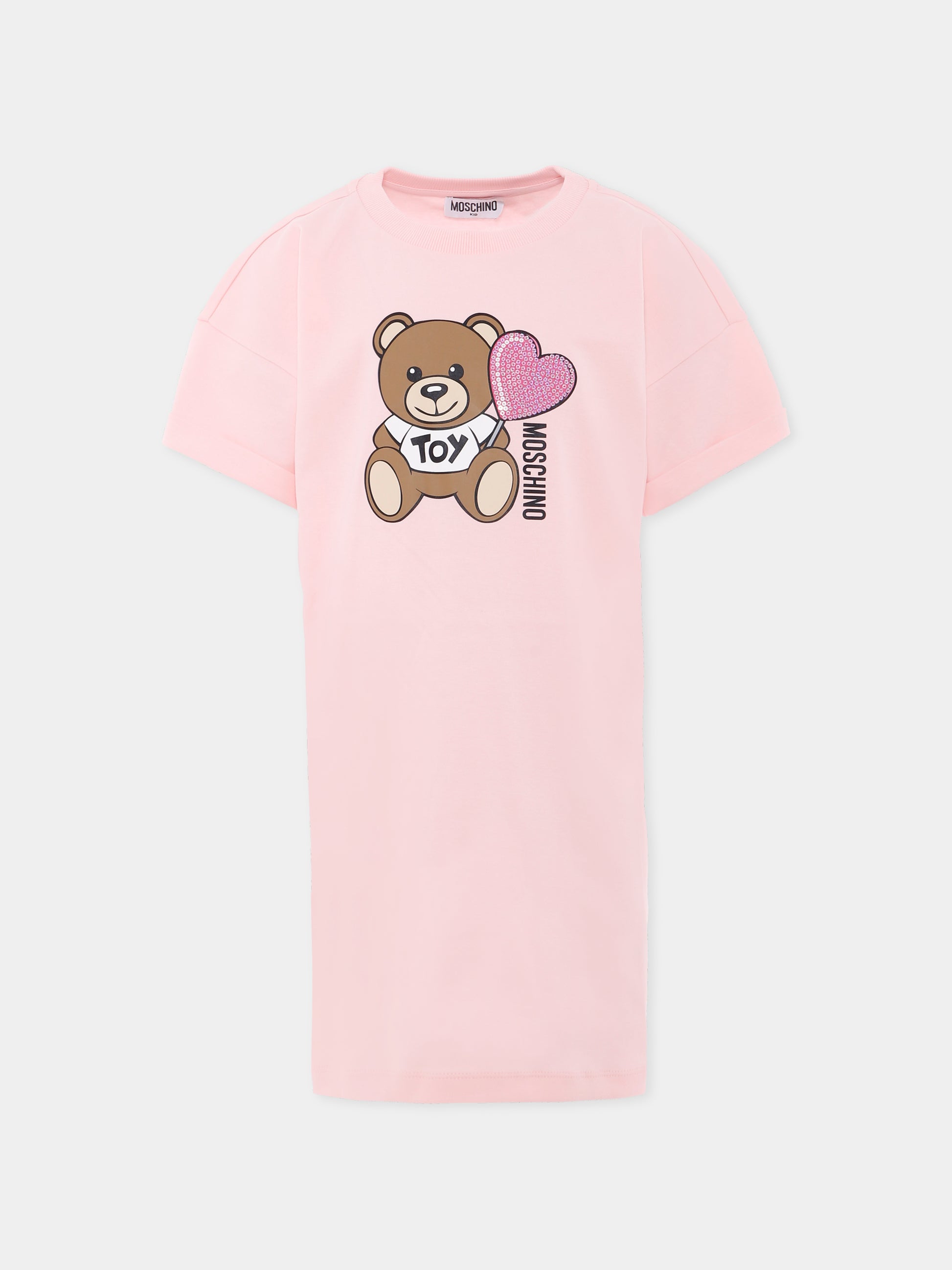 Vestito rosa per bambina con Teddy Bear e cuore,Moschino Kids,HDV0G9 LAA40 50209