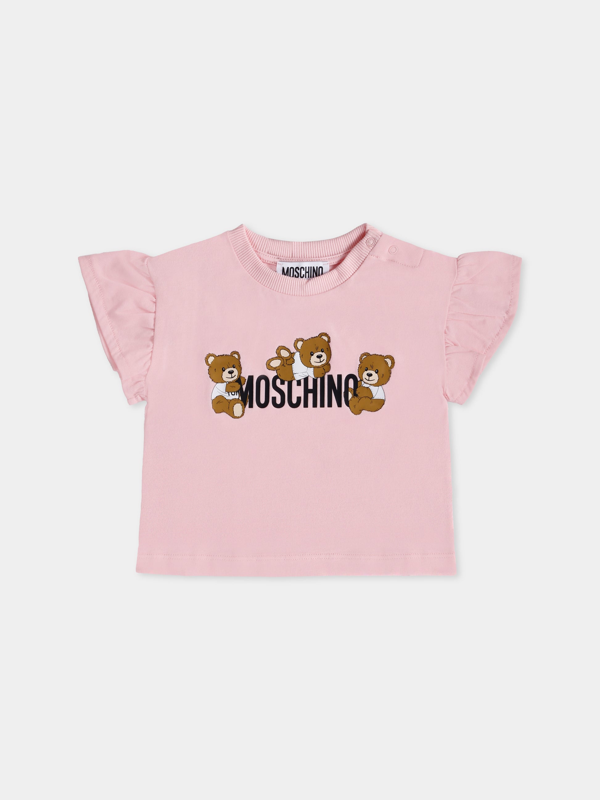 T-shirt rosa per neonata con tre Teddy Bears,Moschino Kids,MDM03I LAA03 50209