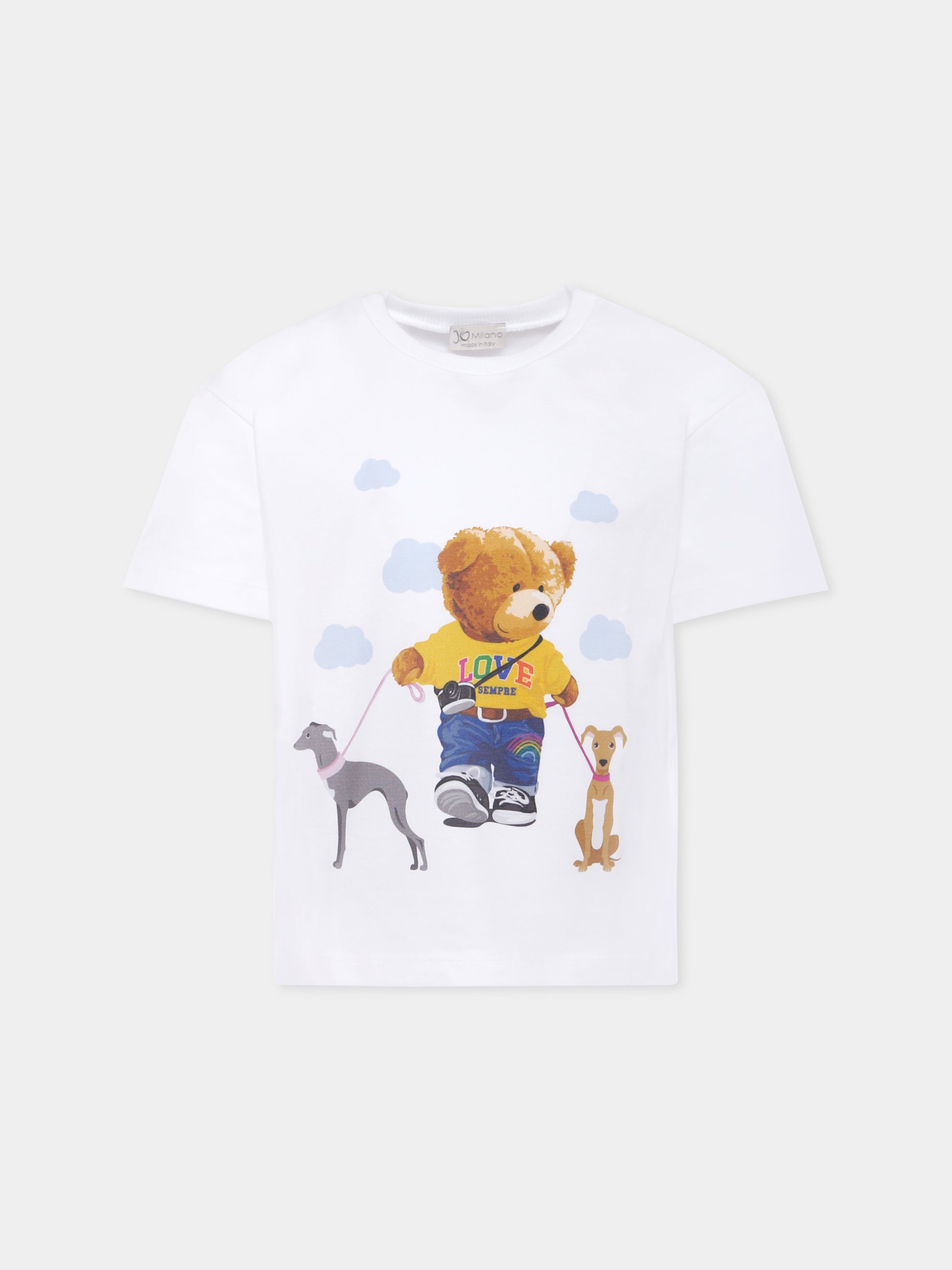 T-shirt bianca per bambini con orso e cani,J.o. Milano X Coccolebimbi,676A1