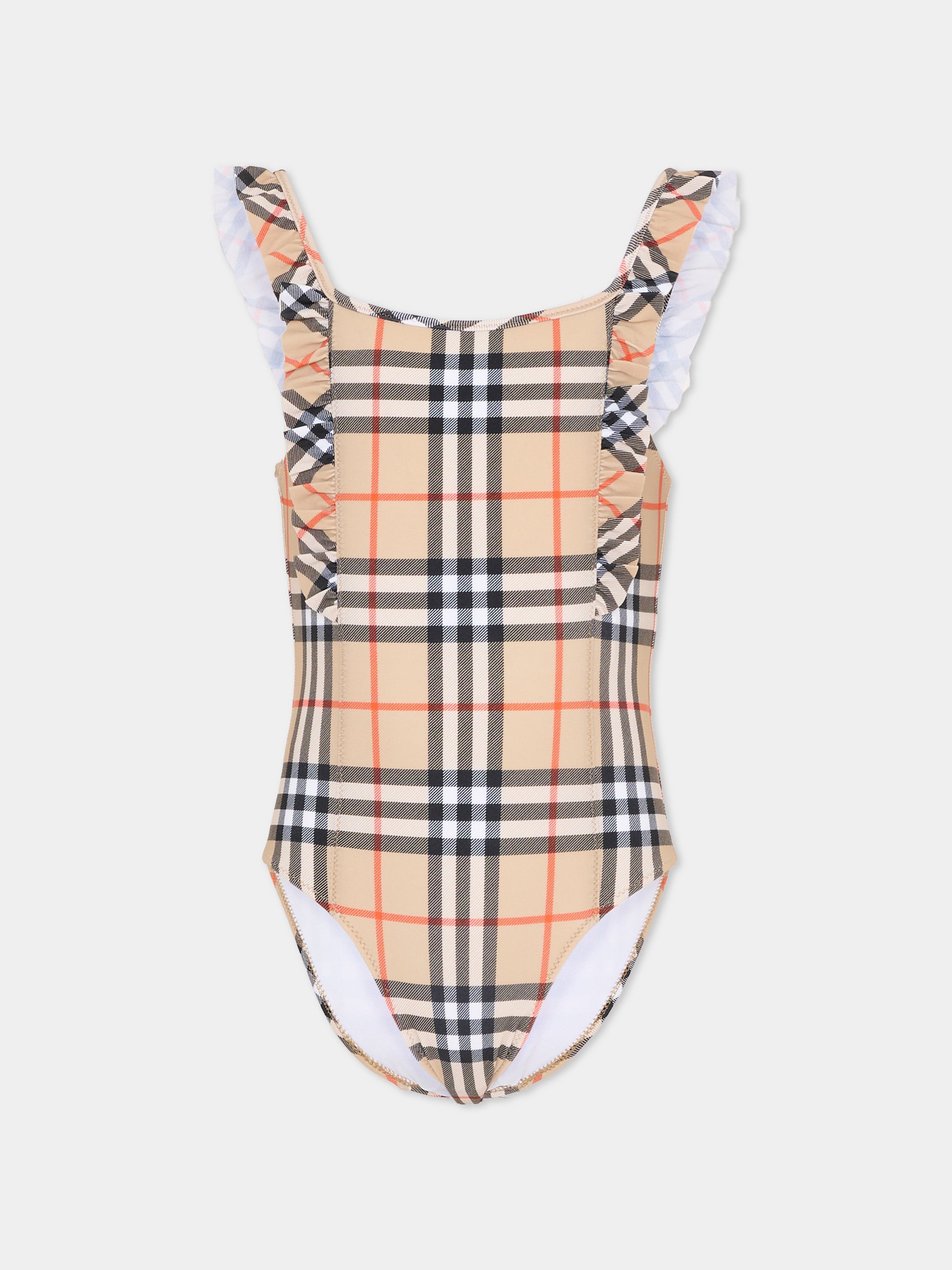 Costume intero beige per bambina con check vintage,Burberry Kids,8117157 B9368