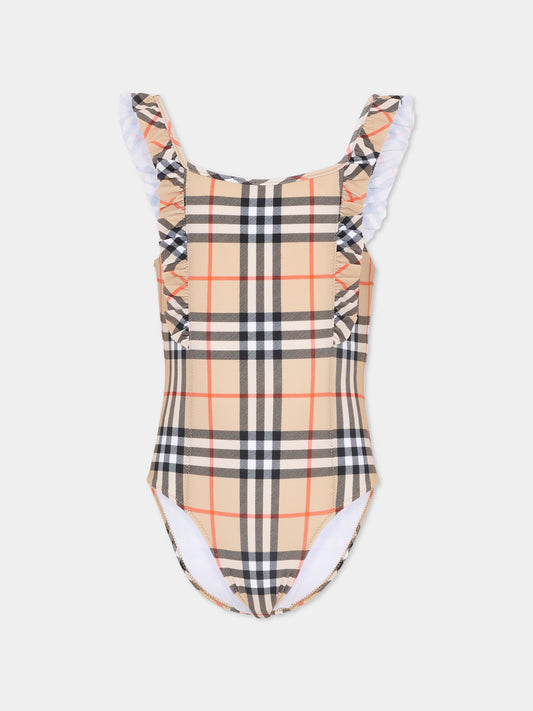 Costume intero beige per bambina con check vintage,Burberry Kids,8117157 B9368