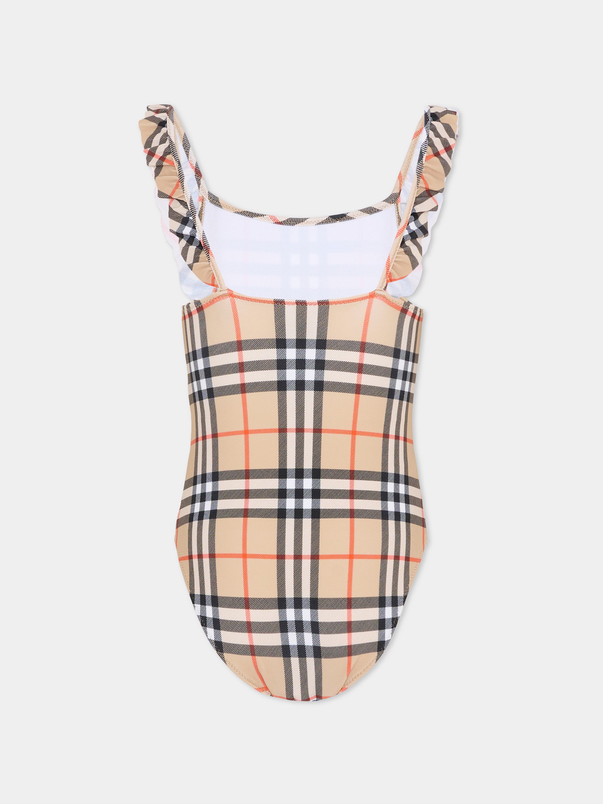 Costume intero beige per bambina con check vintage,Burberry Kids,8117157 B9368