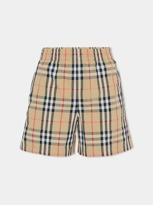 Boxer mare beige per bambino con check vintage,Burberry Kids,8117147 B9368