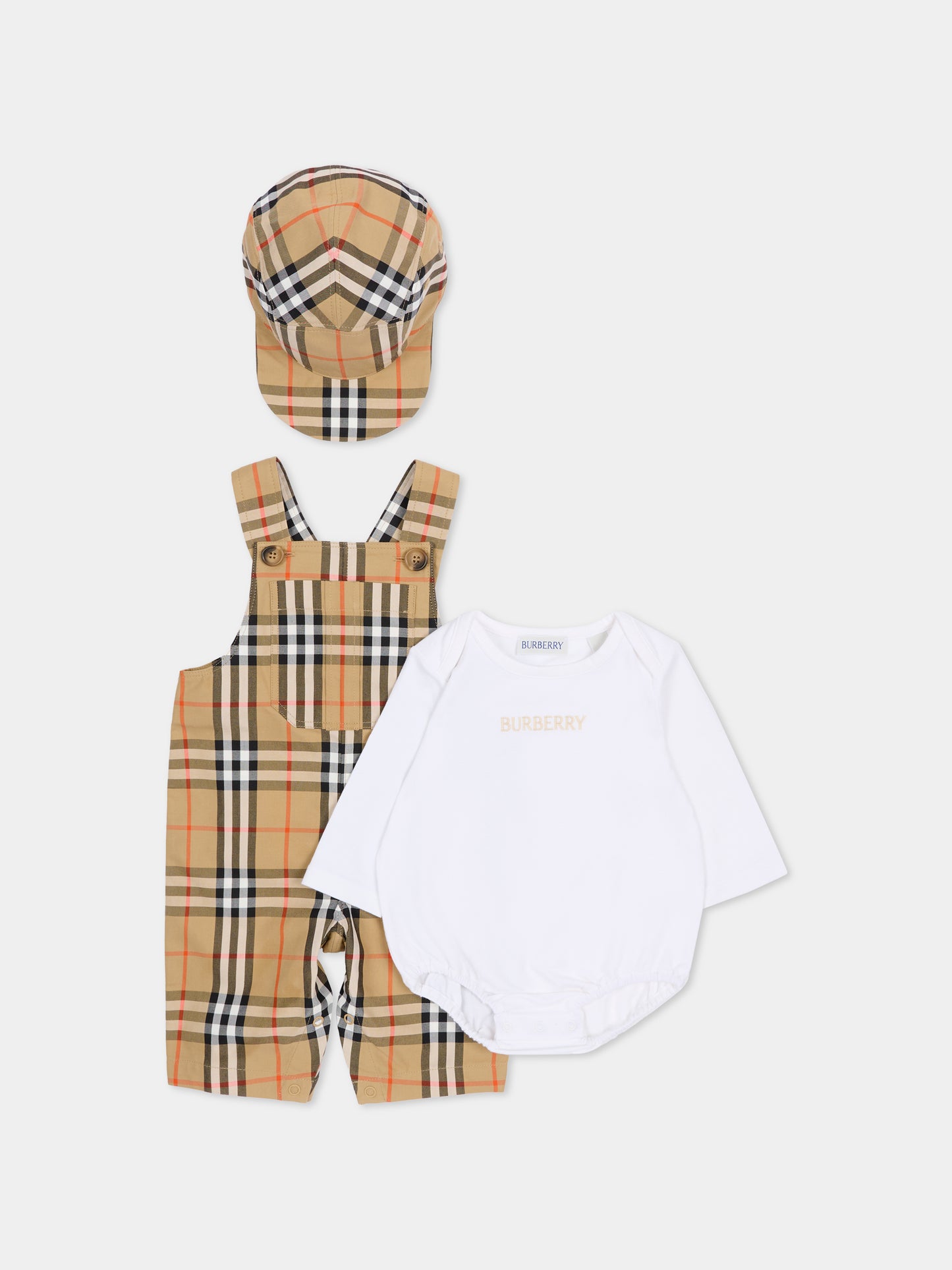 Salopette beige per neonato con check vintage,Burberry Kids,8117965 B9368
