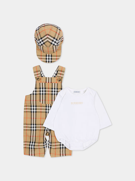 Salopette beige per neonato con check vintage,Burberry Kids,8117965 B9368