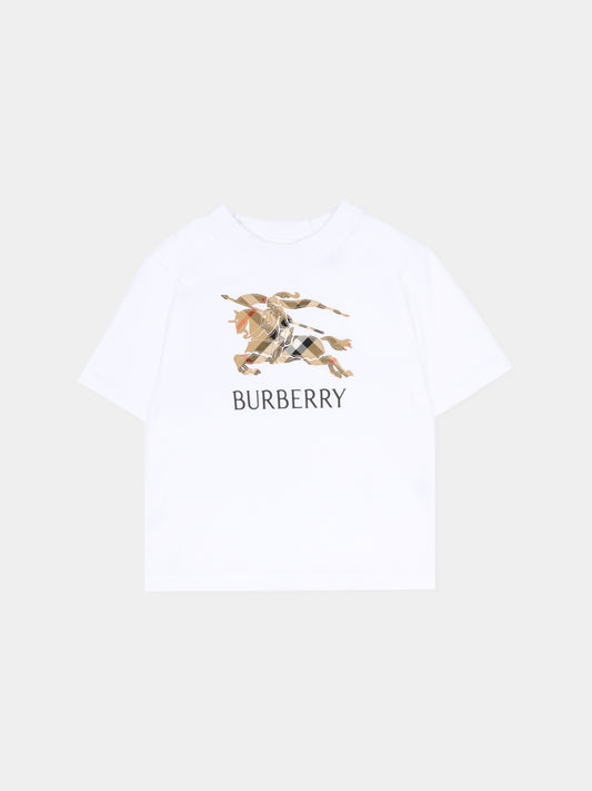 T-shirt bianca per neonati con cavaliere equetre,Burberry Kids,8121205 A1464