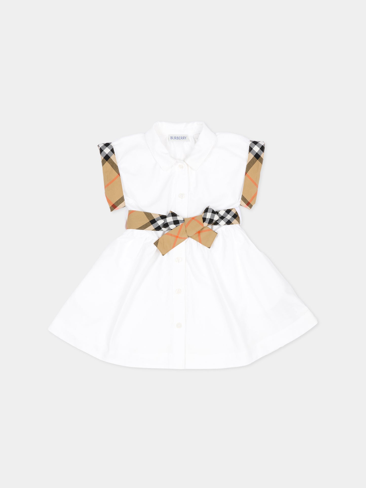 Vestito bianco per neonata con fiocco e check vintage,Burberry Kids,8121228 A1464