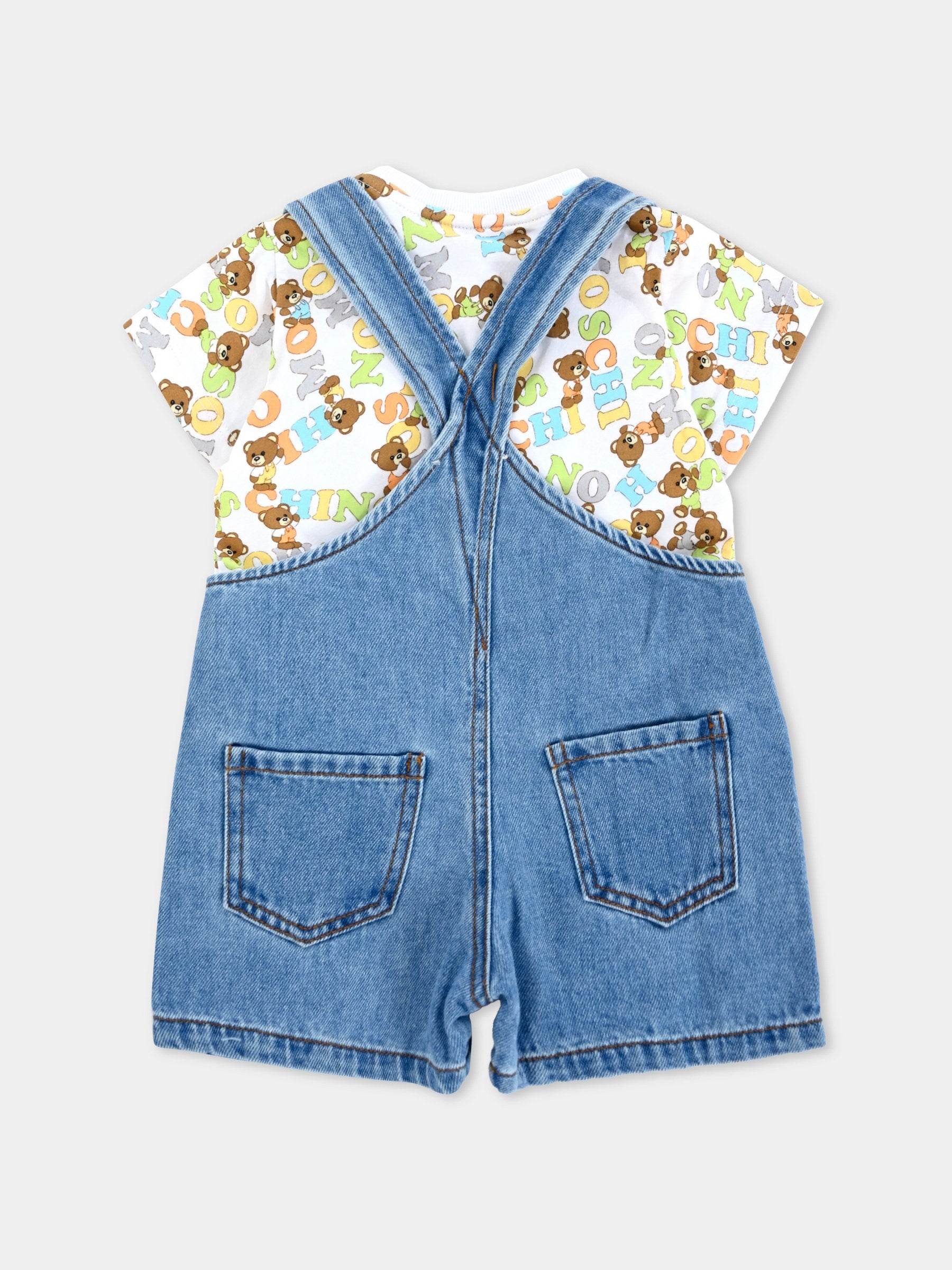 Salopette denim per neonato con Teddy Bear all over,Moschino Kids,MUG01B L0E34 41041
