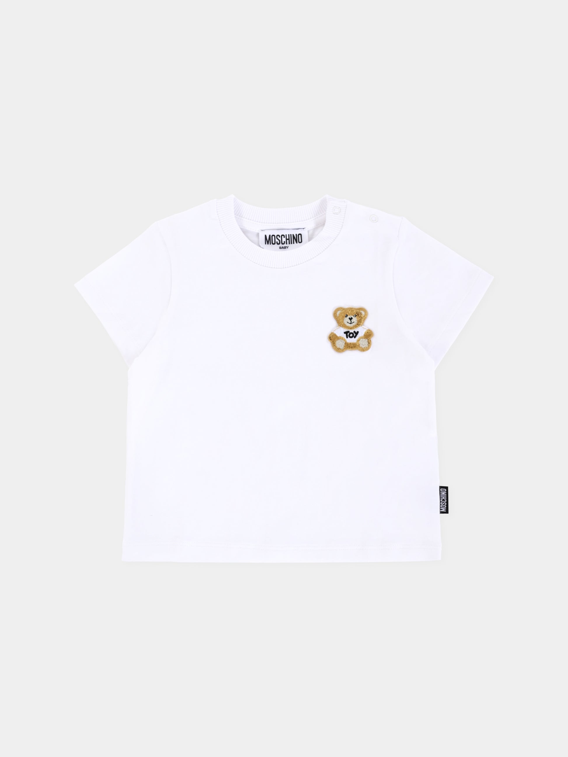 T-shirt bianca per neonati con patch Teddy Bear,Moschino Kids,MUM045 LAA24 10101