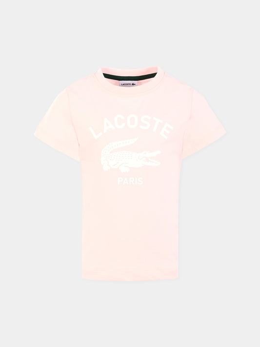 T-shirt rosa per bambina con logo e coccodrillo,Lacoste,TJ3003 T03