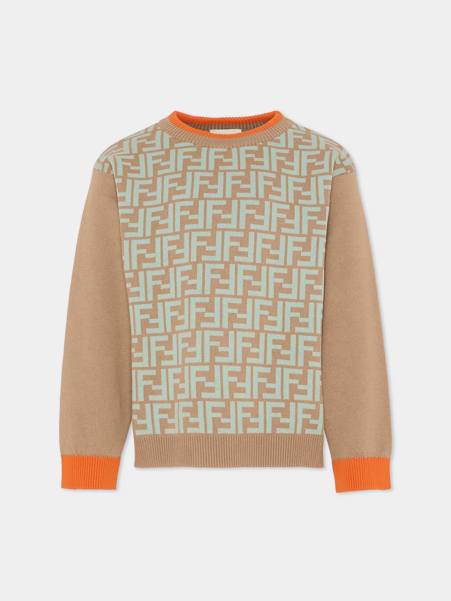 Maglione marrone per bambini con FF,Fendi Kids,JUG204 AVVT F1UVJ