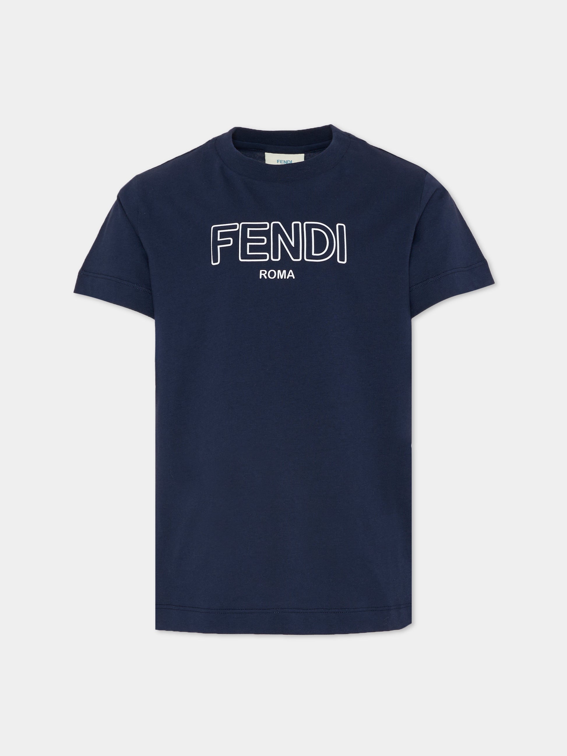 T-shirt blu per bambini con logo,Fendi Kids,JUI202 7AJ F0QG0