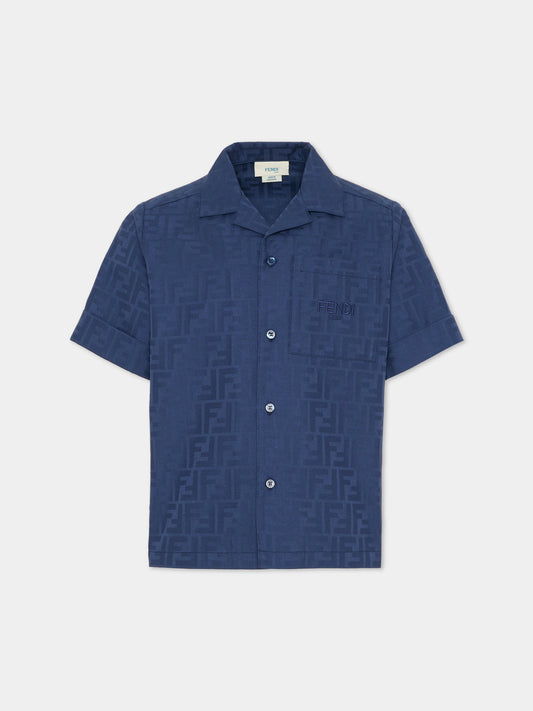 Camicia blu per bambino con FF,Fendi Kids,JMC202 AS64 F1I11