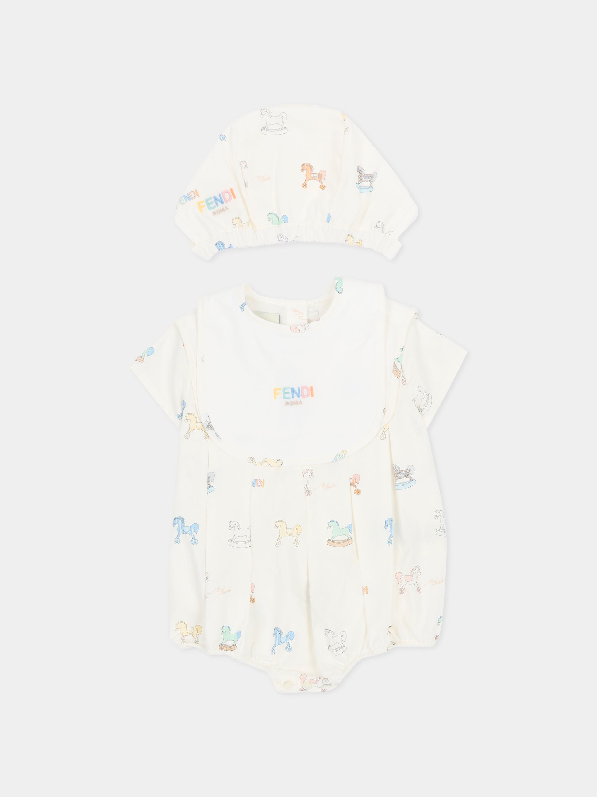Set pagliaccetto avorio per neonati con cavallo a dondolo,Fendi Kids,BUK159 AVW9 F0ZA0
