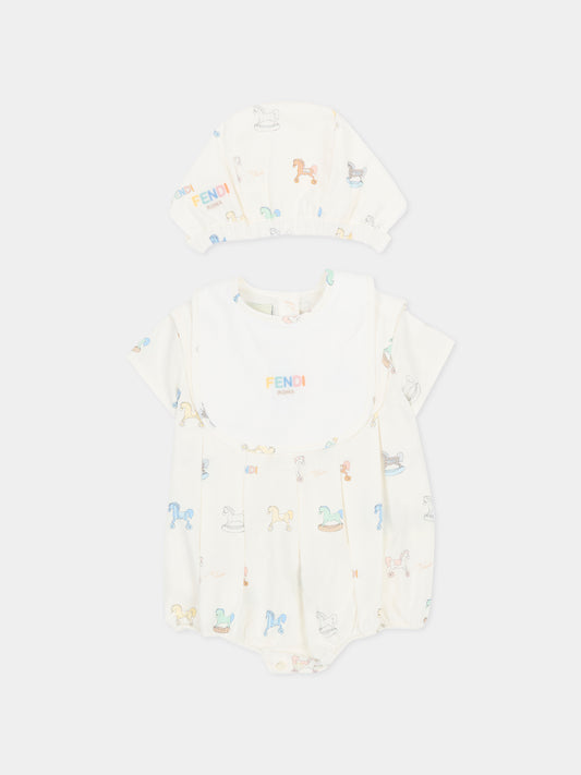 Set pagliaccetto avorio per neonati con cavallo a dondolo,Fendi Kids,BUK159 AVW9 F0ZA0