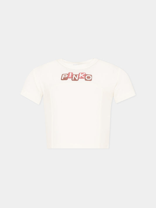 T-shirt bianca per bambina con logo,Pinko,KFTS038.C.JEO17.0987