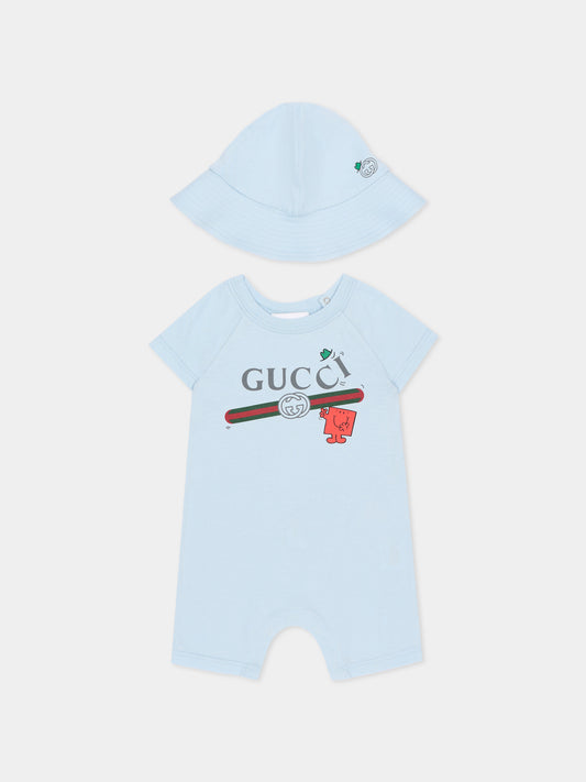 Set pagliaccetti azzurro per neonato con logo e Mr Strong,Gucci Kids,855839 XJHPW 4454