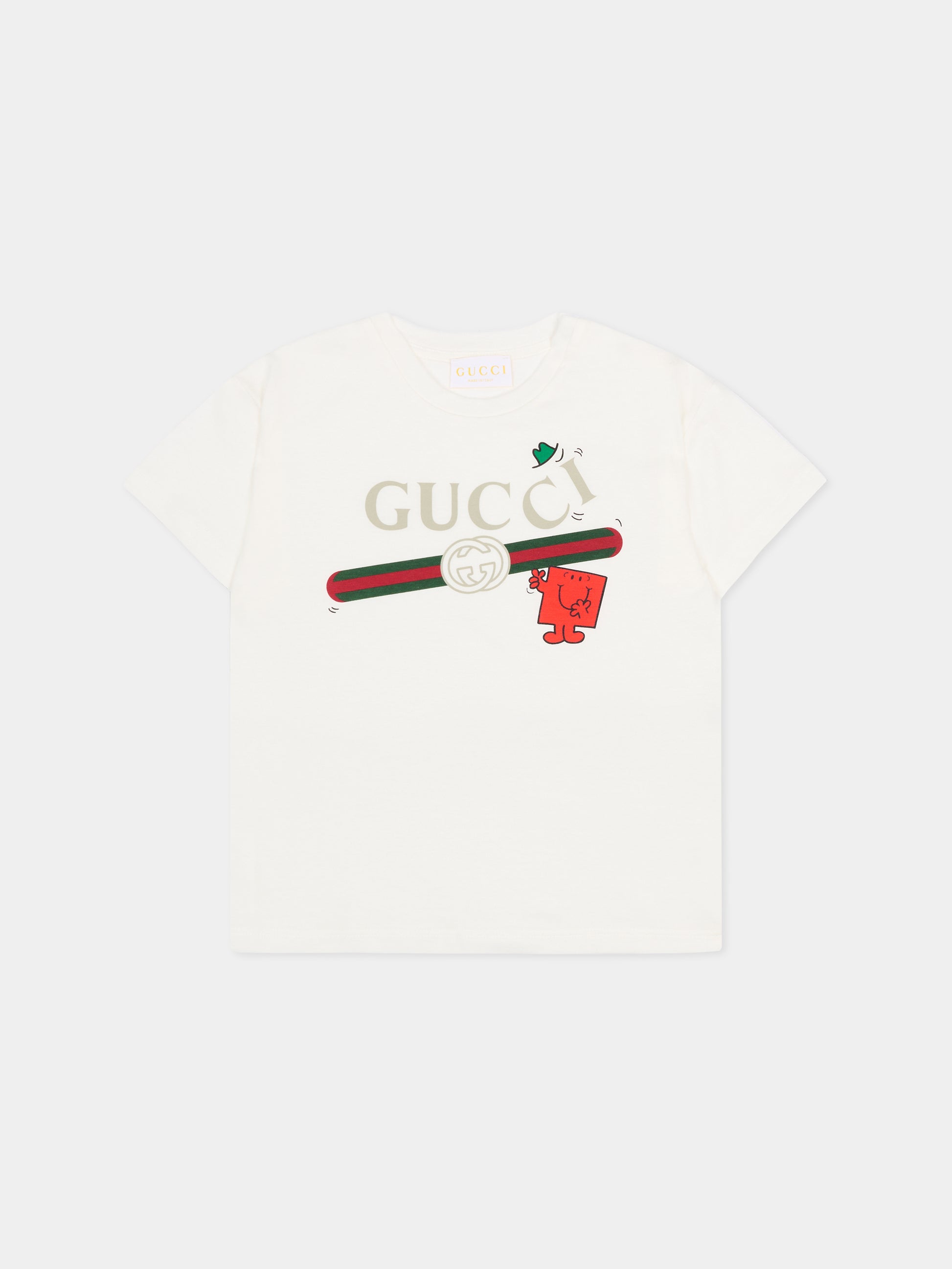 T-shirt bianca per neonati con logo e Mr Strong,Gucci Kids,837171 XJHPW 9214