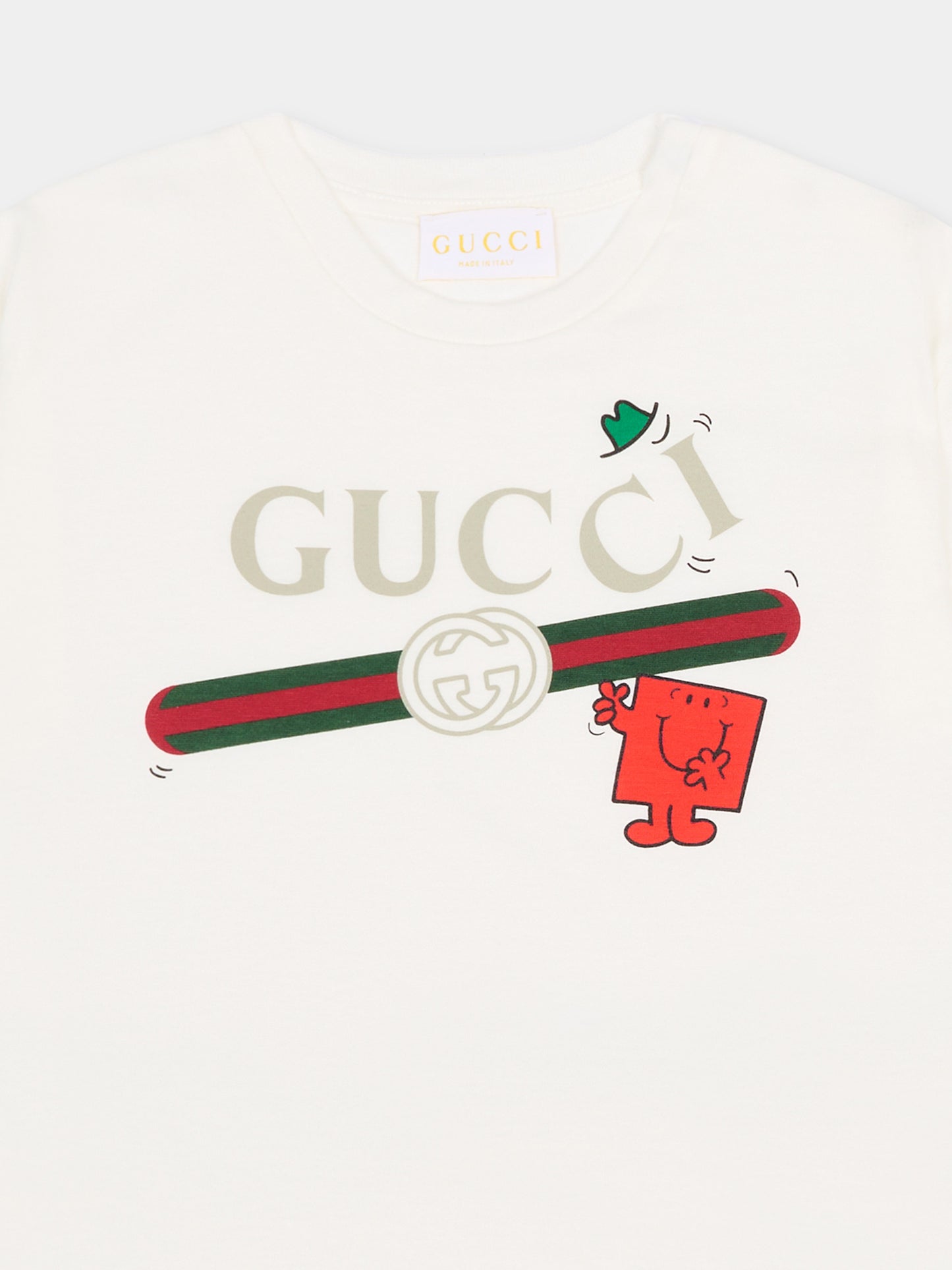 T-shirt bianca per neonati con logo e Mr Strong,Gucci Kids,837171 XJHPW 9214