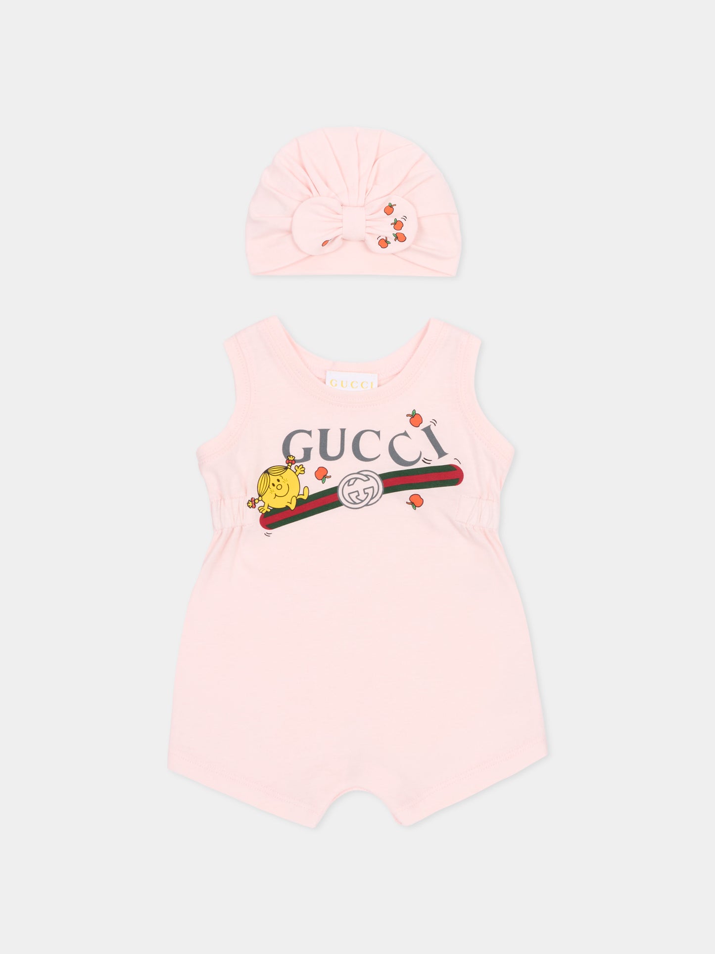 Set pagliaccetti rosa per neonata con logo e Mr Happy,Gucci Kids,852918 XJHRN 5907