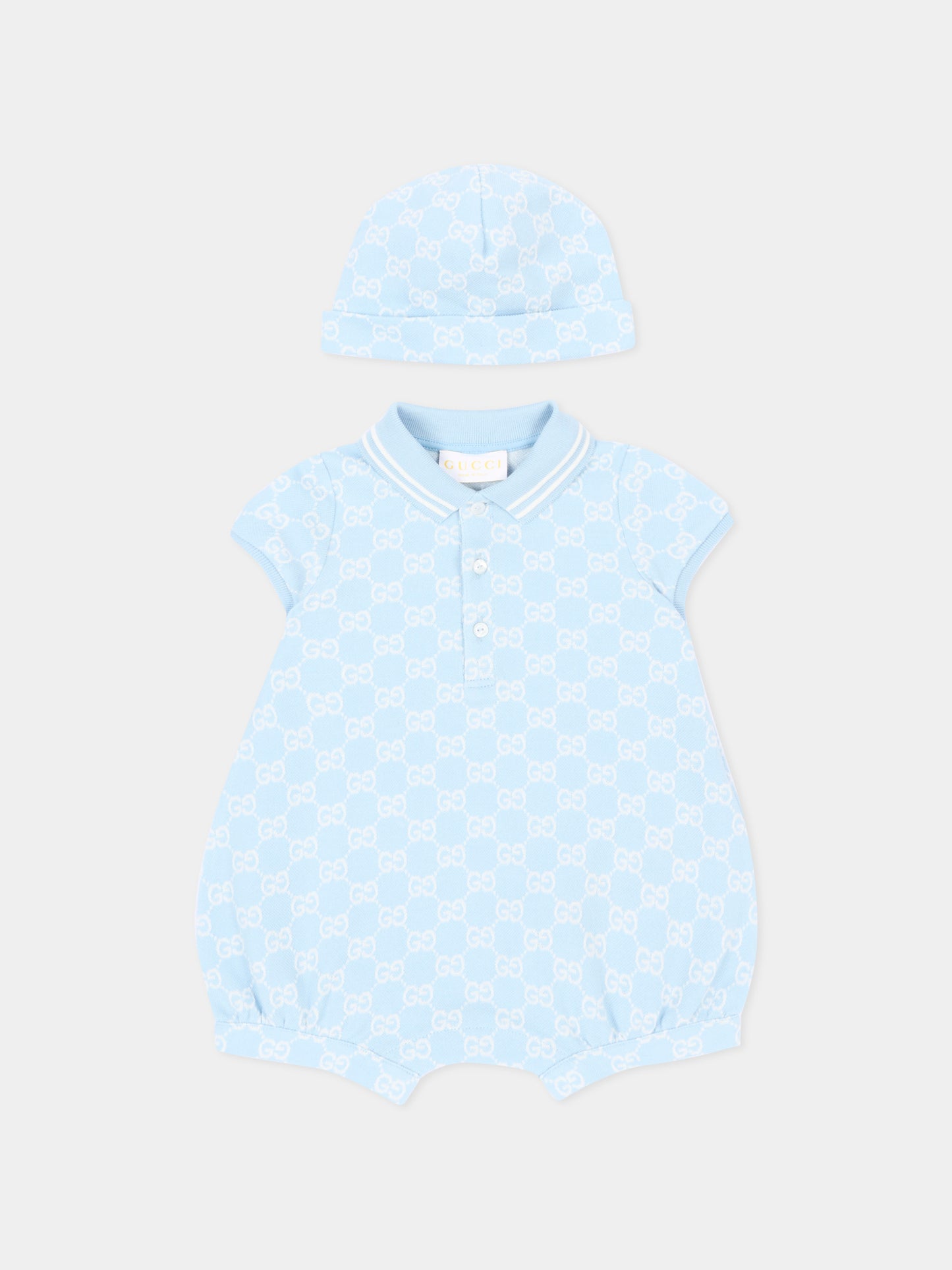 Pagliaccetto celeste per neonato con monogram,Gucci Kids,849683 XJHBA 4914
