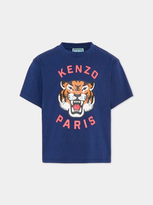 T-shirt blu per bambini con Lucky Tiger,Kenzo Kids,K61676 84N
