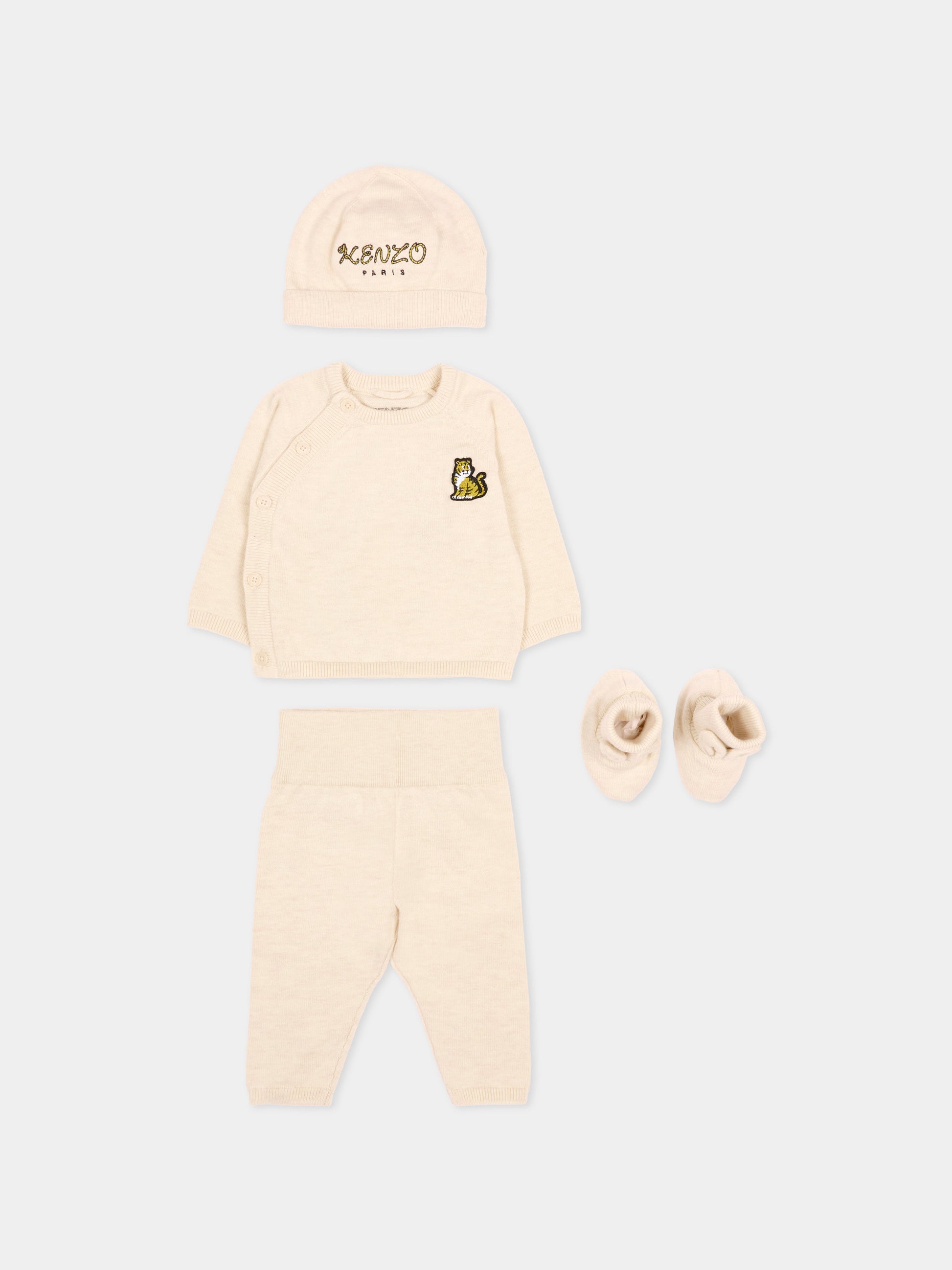Completo nascita beige per neonati con ricamo tigre,Kenzo Kids,K61855 C17