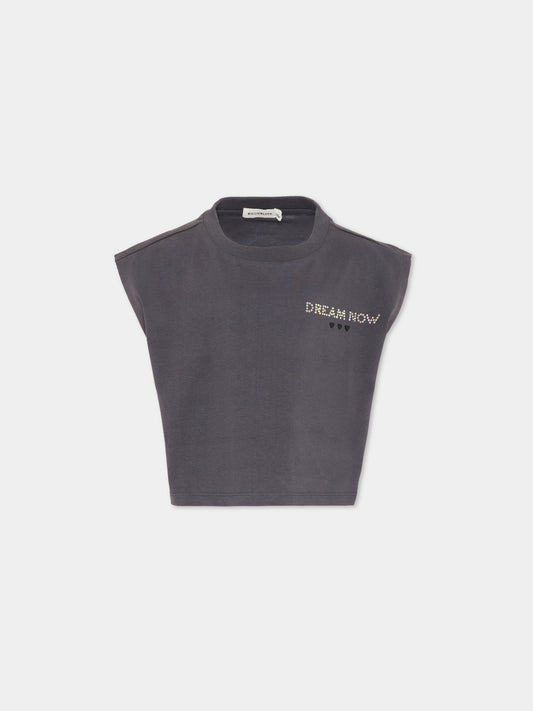 T-shirt grigia per bambina con scritta di strass,Billieblush,U21743 089