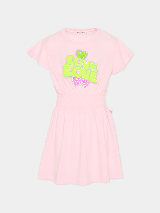Vestito rosa per bambina con scritta e paillettes,Billieblush,U21828 44L