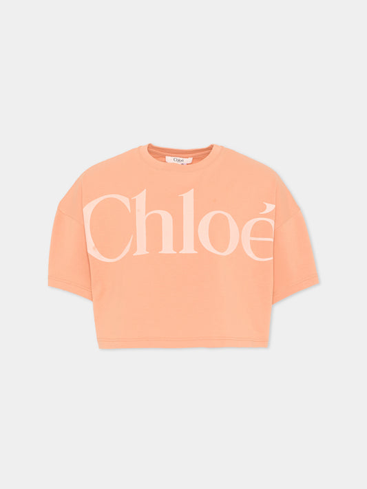 T-Shirt arancione per bambina con logo,Chloé Kids,C20859 43A