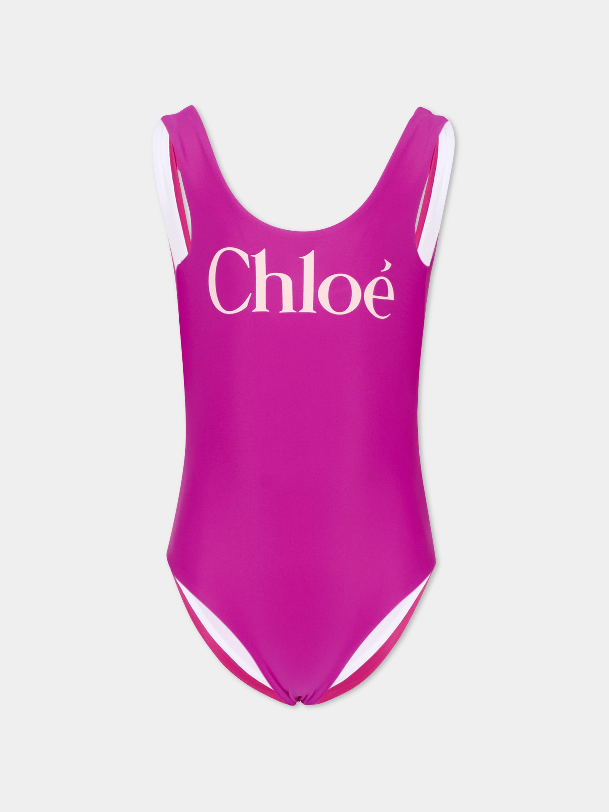 Costume intero fucsia per bambina con logo,Chloé Kids,C20866 46S