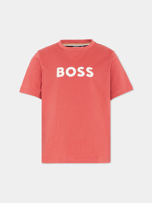 T-Shirt bordeaux con logo per bambino,Boss,J52711 48B