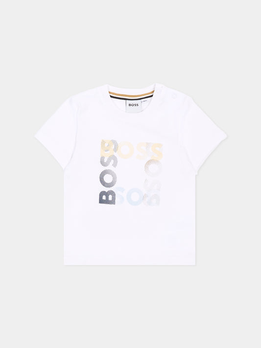 T-shirt bianca per neonato con logo a pois,Boss,J52882 10P