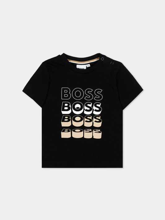 T-Shirt nera per neonato con logo,Boss,J52889 09B