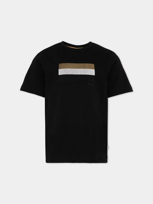 T-Shirt nera per bambino con bande,Boss,J52979 09B
