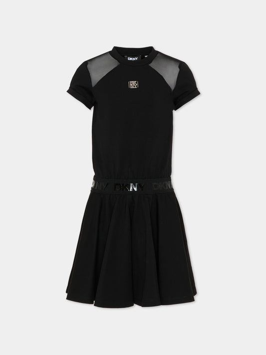 Vestito nero per bambina con logo argento,Dkny,D62627 09B