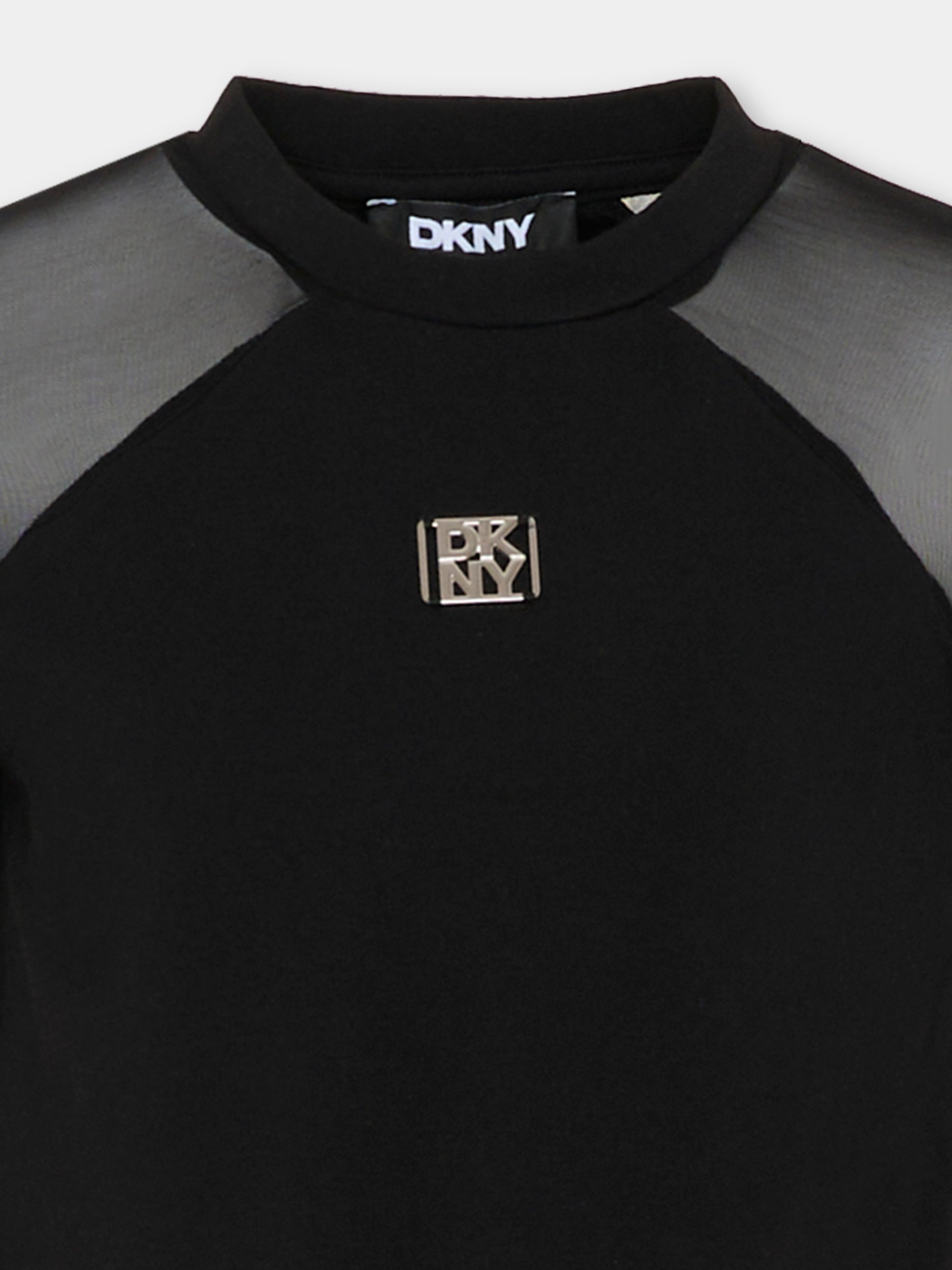 Vestito nero per bambina con logo argento,Dkny,D62627 09B