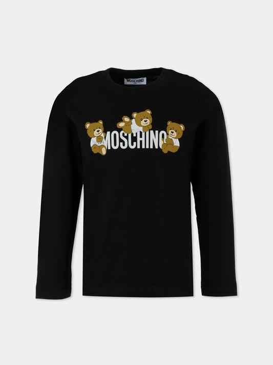 T-shirt nera per bambini con tre Teddy Bear,Moschino Kids,HSO00J LAA03 60100