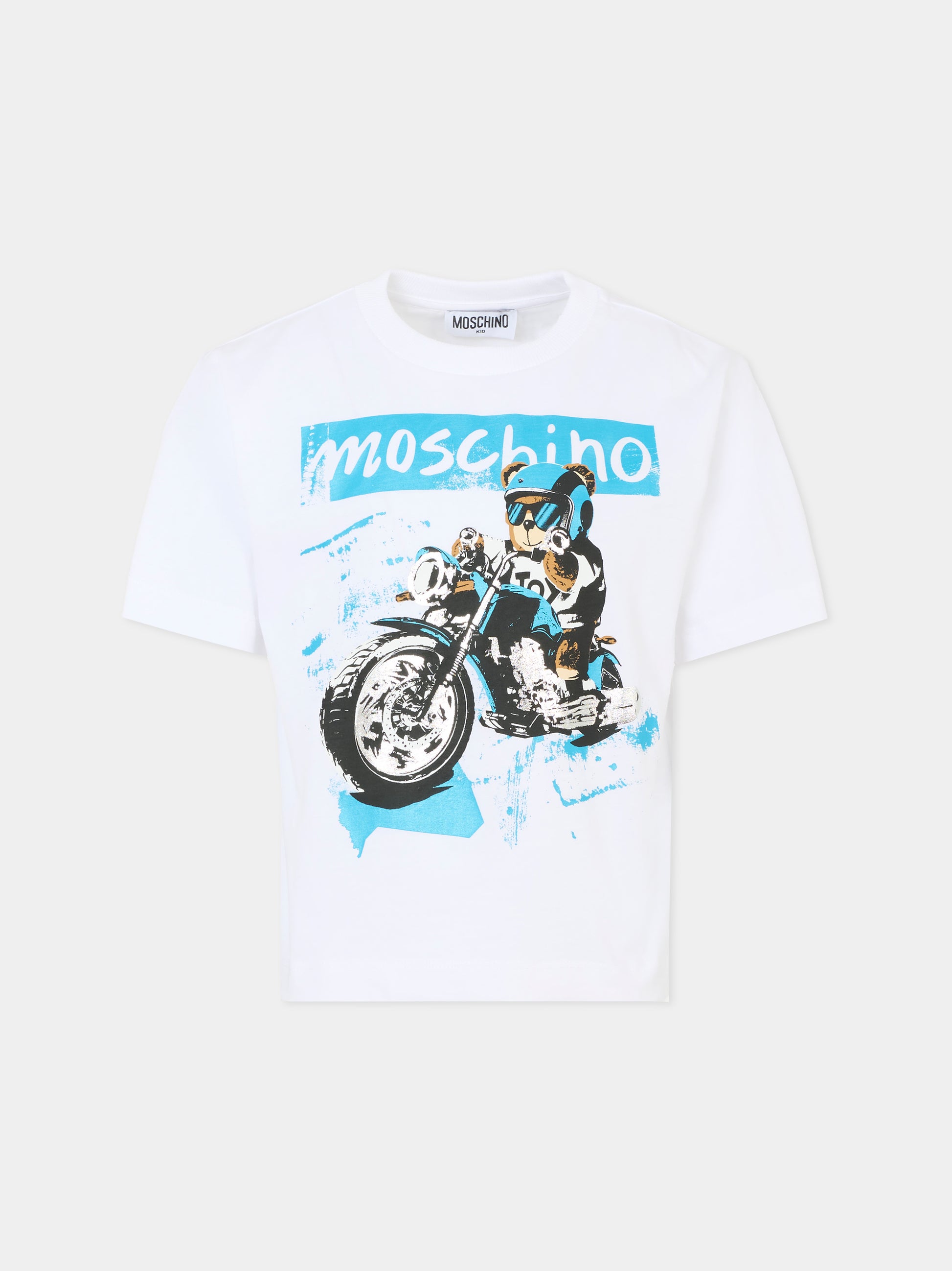 T-shirt bianca per bambino con Teddy Bear e motocicletta,Moschino Kids,HUM054 LAA23 10101