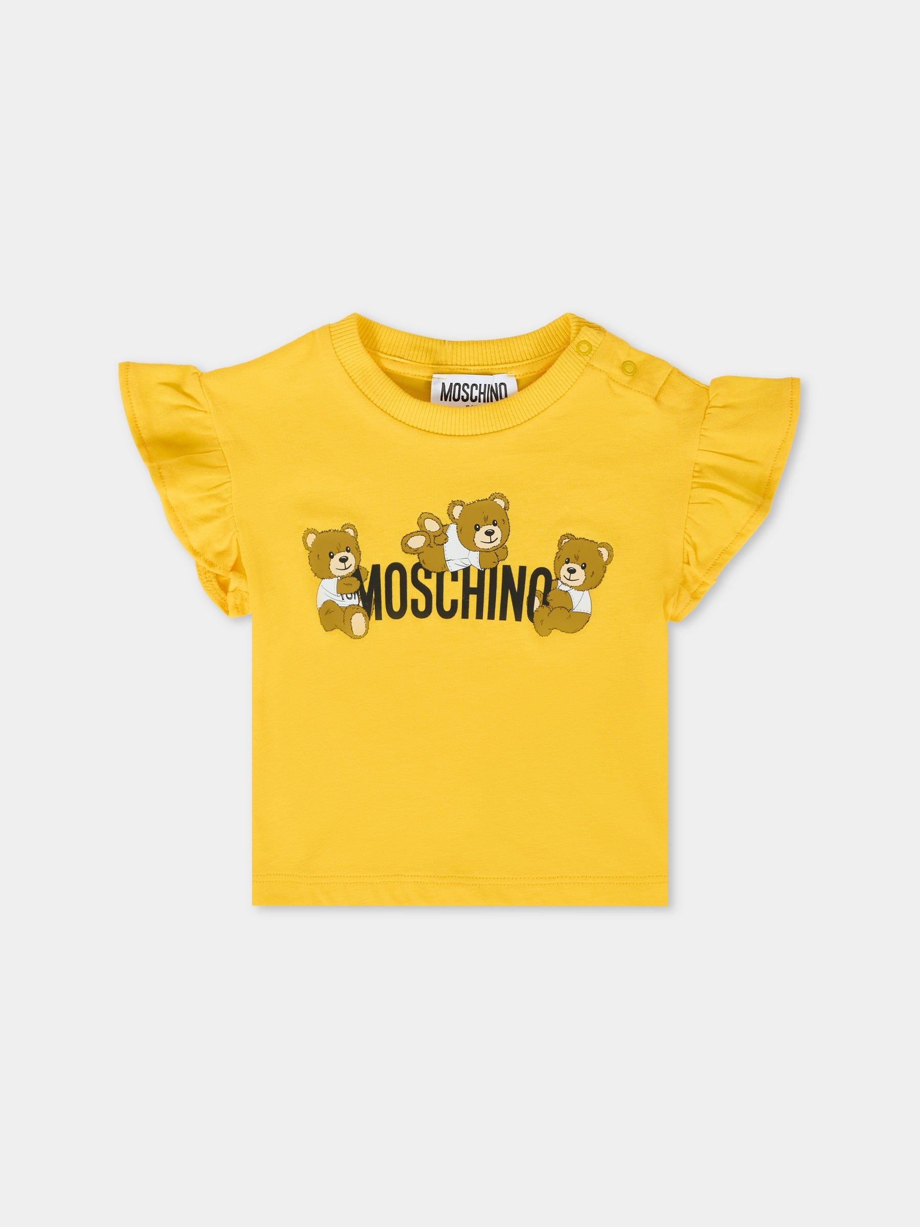T-shirt gialla per neonata con tre Teddy Bears,Moschino Kids,MDM03I LAA03 50577