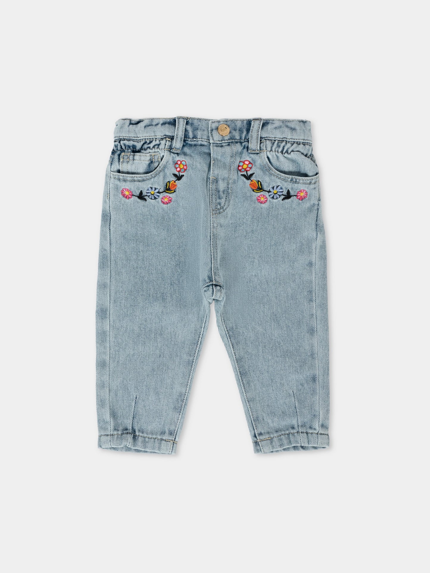 Jeans denim per neonata con fiori ricamati,Moschino Kids,MDP03B L0E34 40213
