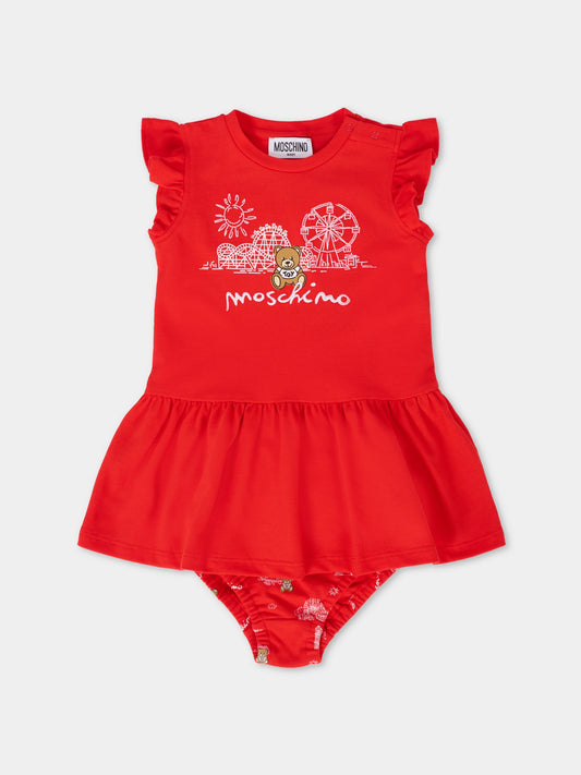 Vestito rosso per neonata con Teddy Bear,Moschino Kids,MDV0C4 LFA06 50109
