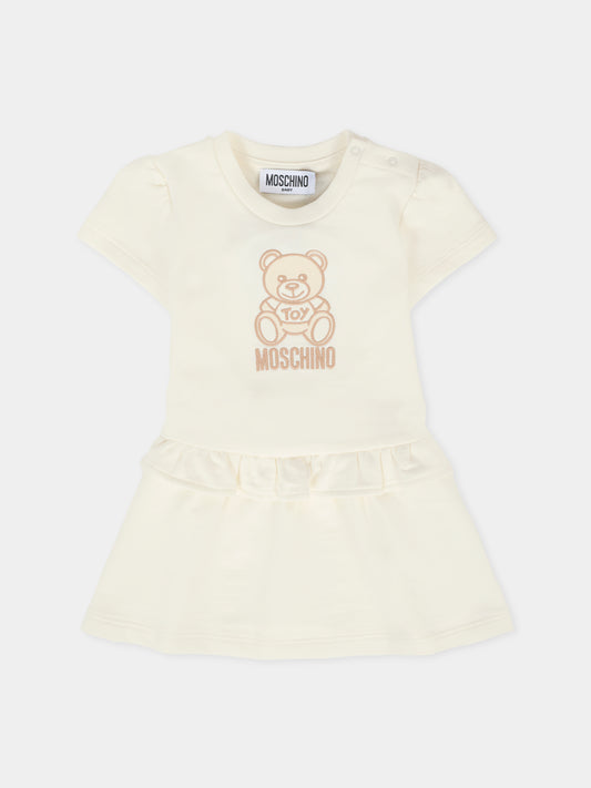 Vestito avorio per neonata con Teddy Bear ricamato,Moschino Kids,MDV0CF LCA19 10063